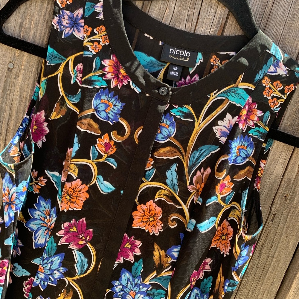 Nichol Miller neon floral on black duster/ beach cover up.